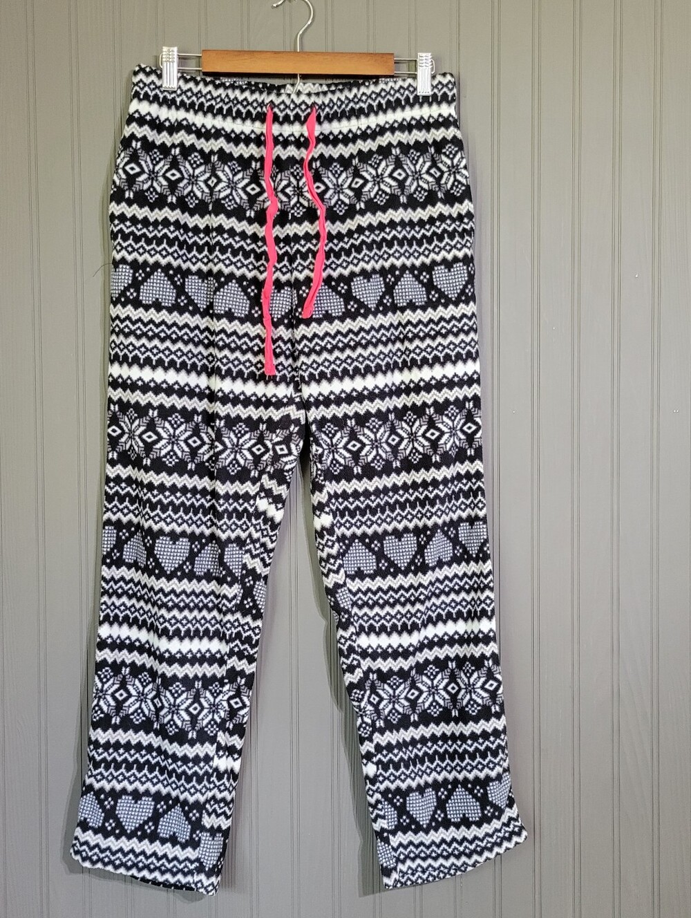 Cuddl Duds Fleece Pajama Lounge Pants Fair Isle Hearts Print Black Women's MD